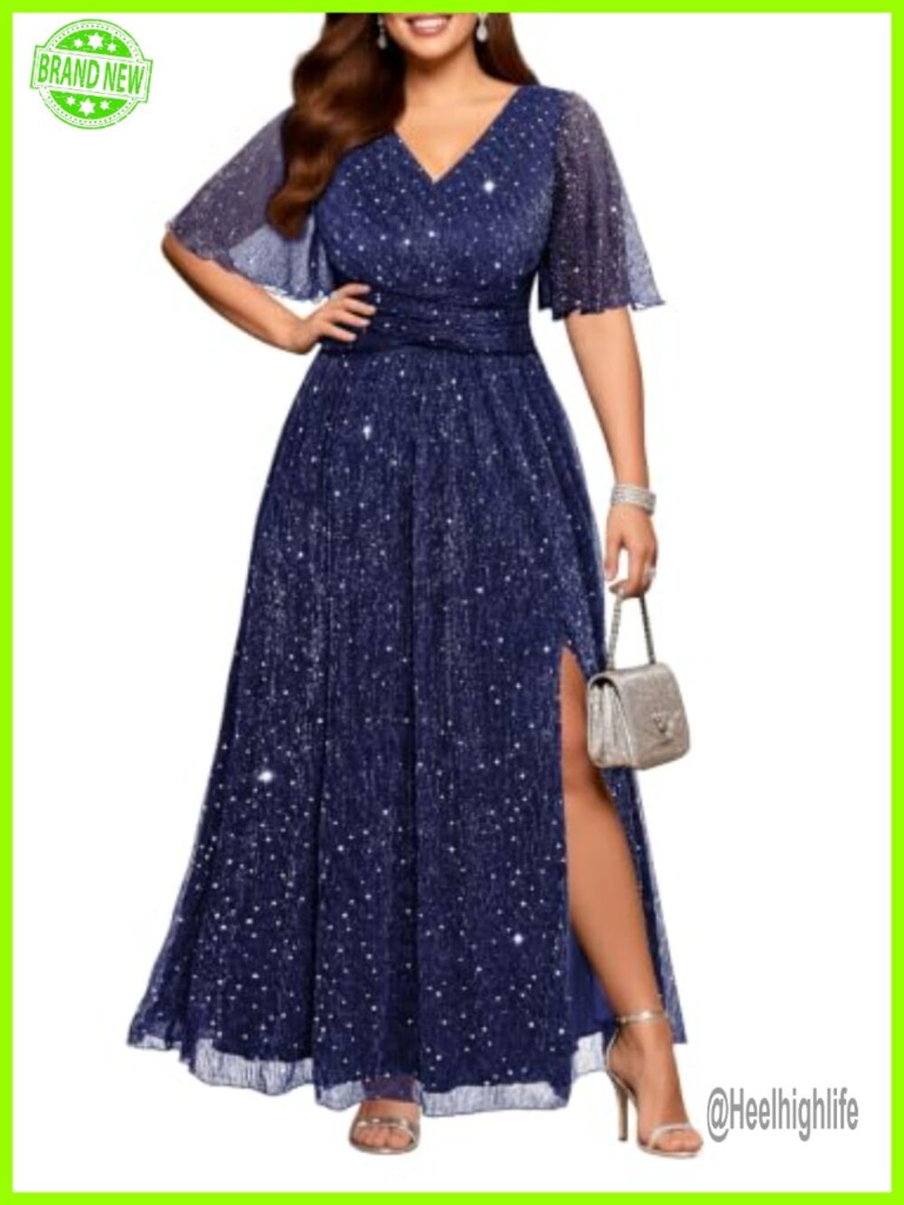 Plus Size Formal Evening Dress V Neck Glitter Flutter Maxi Gown